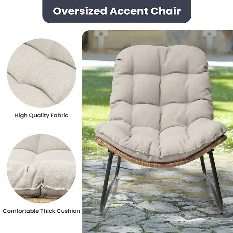 Fauteuil de salon Papasan en rotin avec coussin touffeté beige et cadre en métal noir