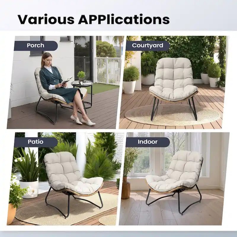 Fauteuil de salon Papasan en rotin avec coussin touffeté beige et cadre en métal noir