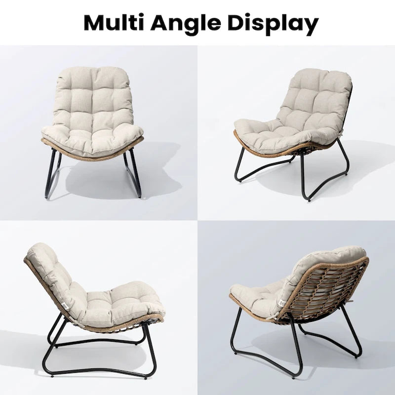 Fauteuil de salon Papasan en rotin avec coussin touffeté beige et cadre en métal noir
