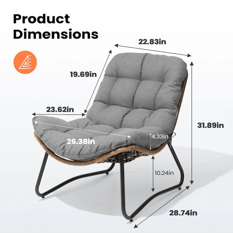 Fauteuil de salon Papasan en rotin avec coussin touffeté beige et cadre en métal noir