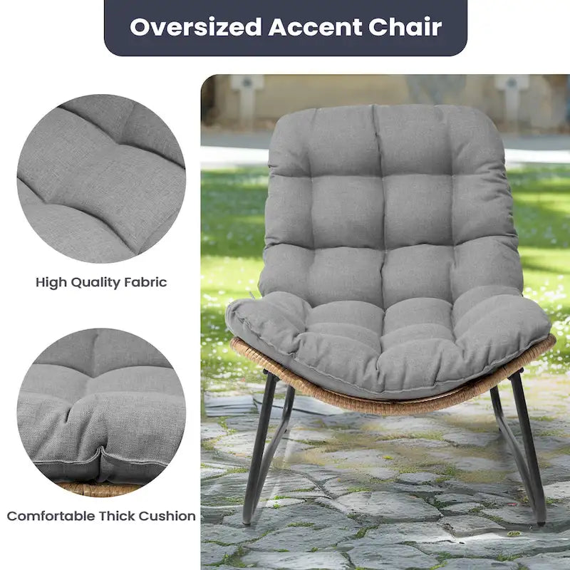 Fauteuil de salon Papasan en rotin avec coussin touffeté beige et cadre en métal noir
