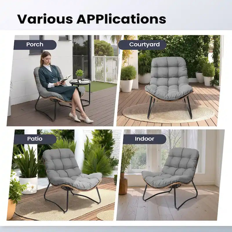 Fauteuil de salon Papasan en rotin avec coussin touffeté beige et cadre en métal noir