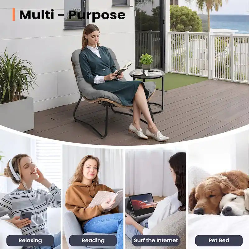 Fauteuil de salon Papasan en rotin avec coussin touffeté beige et cadre en métal noir