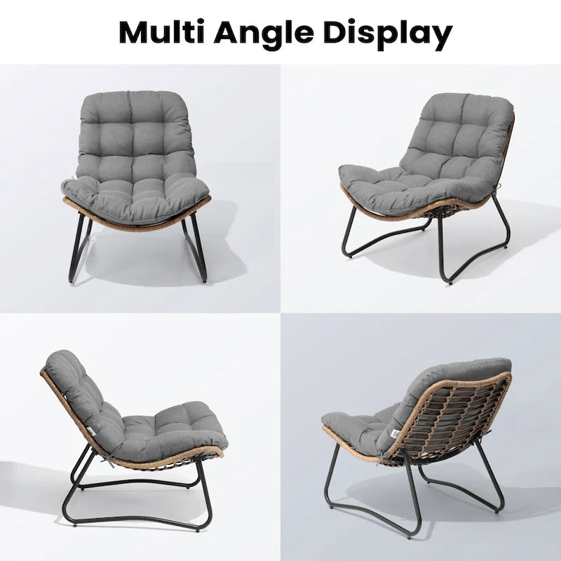 Fauteuil de salon Papasan en rotin avec coussin touffeté beige et cadre en métal noir