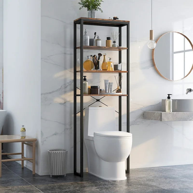 Étagère de rangement 4 niveaux à poser au-dessus des toilettes Meuble de salle de bain autoportant Noir Marron rustique
