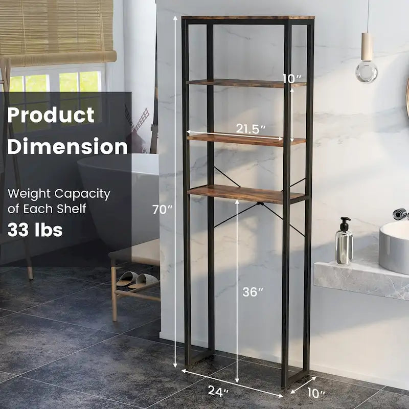 Étagère de rangement 4 niveaux à poser au-dessus des toilettes Meuble de salle de bain autoportant Noir Marron rustique