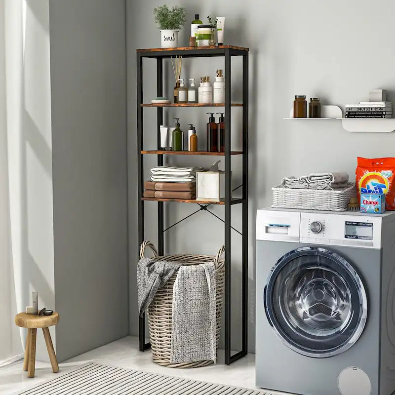 Étagère de rangement 4 niveaux à poser au-dessus des toilettes Meuble de salle de bain autoportant Noir Marron rustique