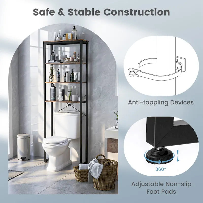 Étagère de rangement 4 niveaux à poser au-dessus des toilettes Meuble de salle de bain autoportant Noir Marron rustique
