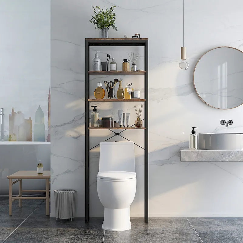 Étagère de rangement 4 niveaux à poser au-dessus des toilettes Meuble de salle de bain autoportant Noir Marron rustique