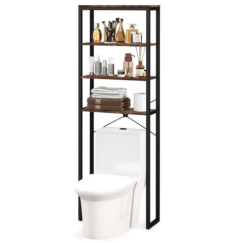 Étagère de rangement 4 niveaux à poser au-dessus des toilettes Meuble de salle de bain autoportant Noir Marron rustique