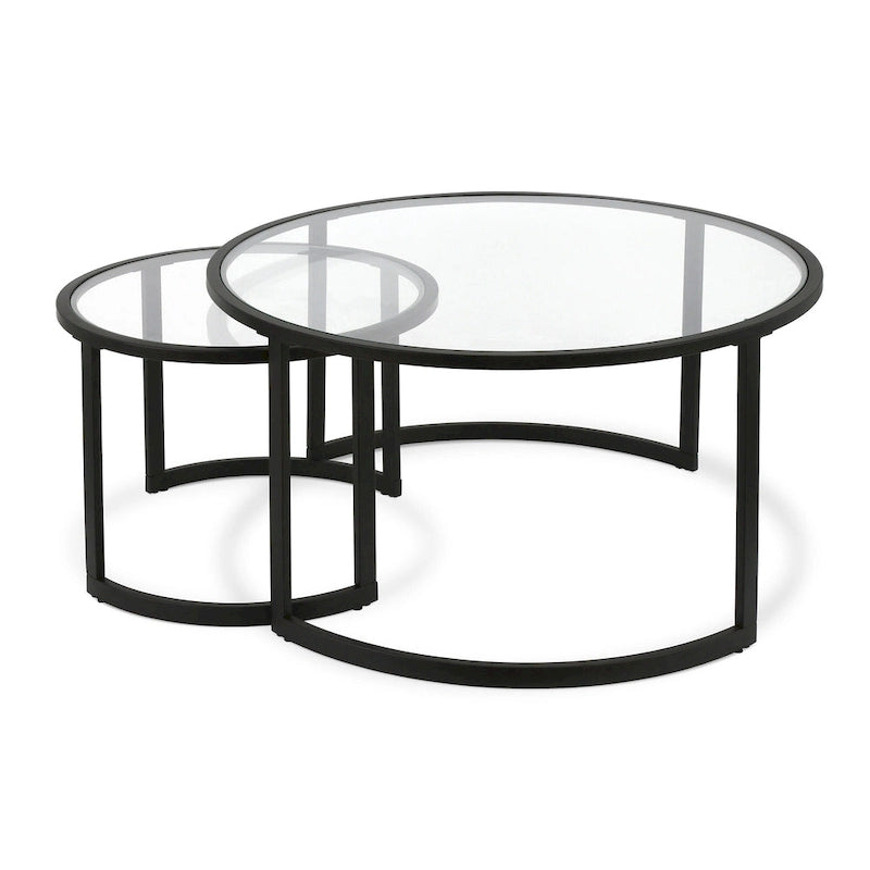 Tables basses gigognes à plateau en verre rond et structure en acier finition dorée