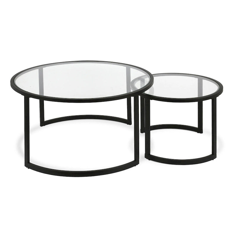 Tables basses gigognes à plateau en verre rond et structure en acier finition dorée