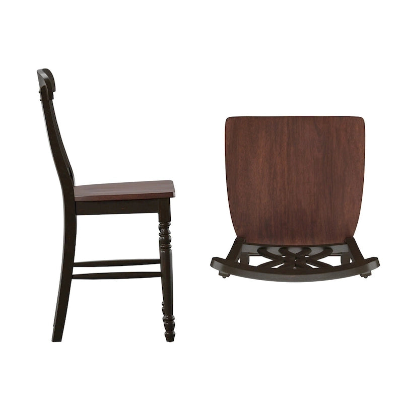 Chaise de salle à manger de style campagnard antique bicolore en bois d'hévéa massif à dossier festonné, hauteur comptoir