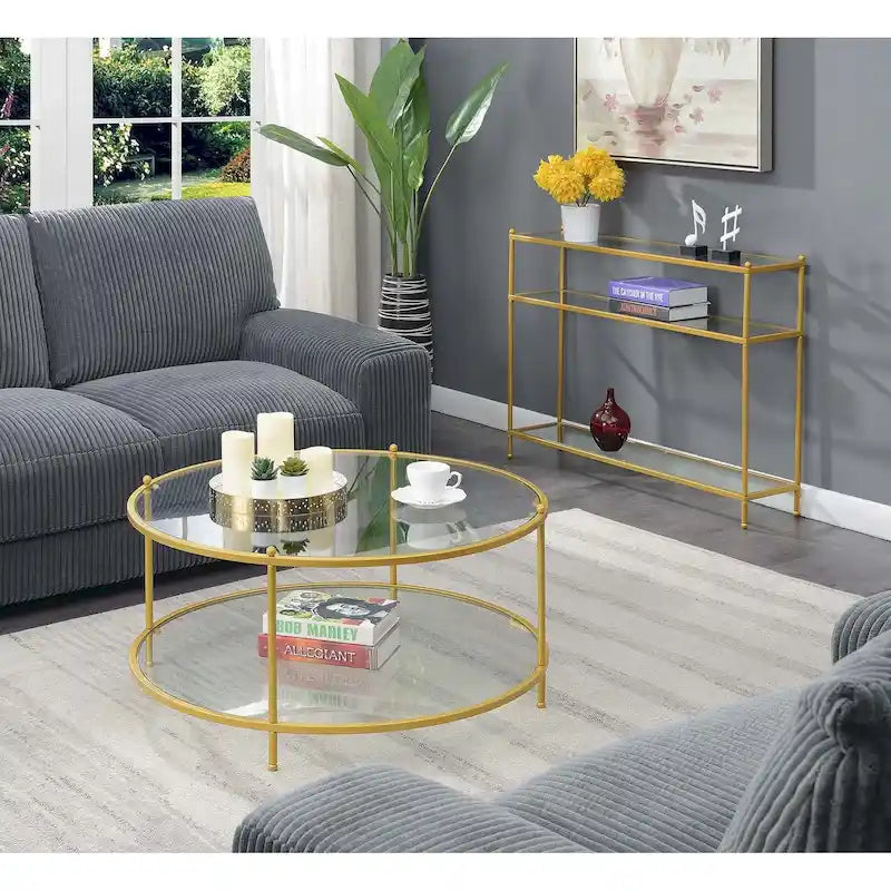 Table basse rectangulaire en verre trempé avec cadre en acier et étagère de rangement