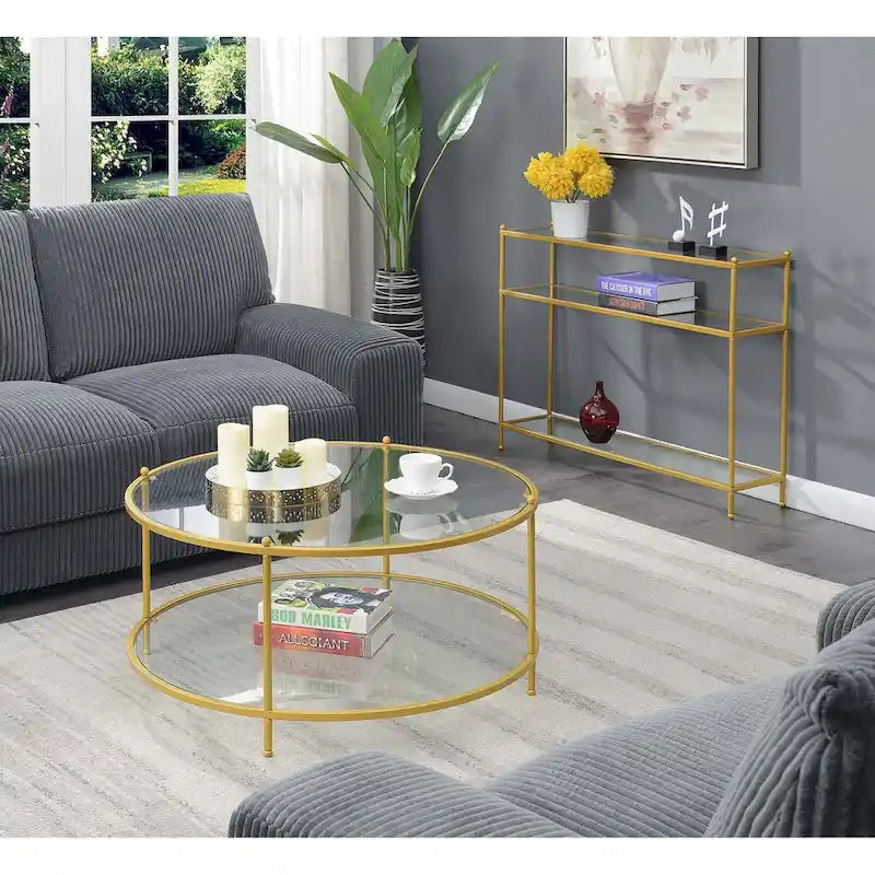 Table basse rectangulaire en verre trempé avec cadre en acier et étagère de rangement