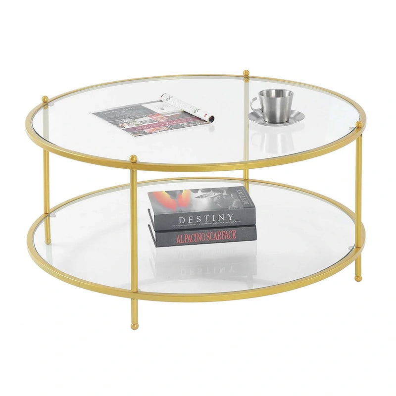 Table basse rectangulaire en verre trempé avec cadre en acier et étagère de rangement