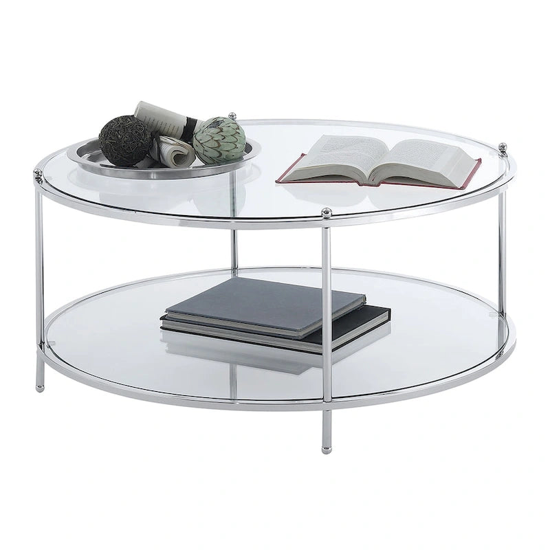 Table basse rectangulaire en verre trempé avec cadre en acier et étagère de rangement