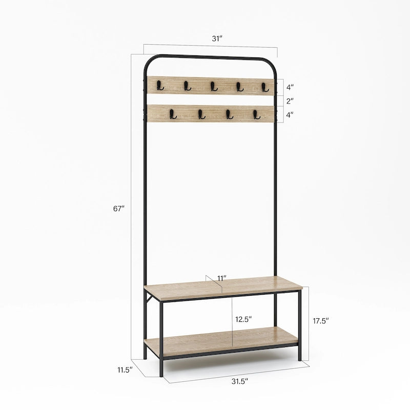 Porte-manteau d'entrée avec banc, patères et rangement à chaussures, cadre en métal, finition chêne