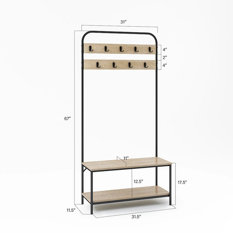 Porte-manteau d'entrée avec banc, patères et rangement à chaussures, cadre en métal, finition chêne