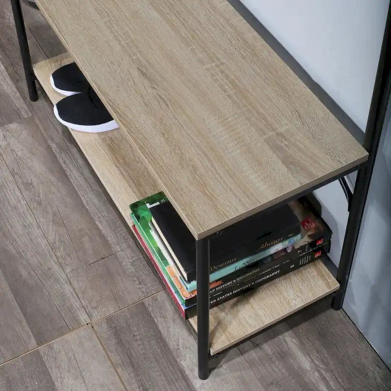 Porte-manteau d'entrée avec banc, patères et rangement à chaussures, cadre en métal, finition chêne