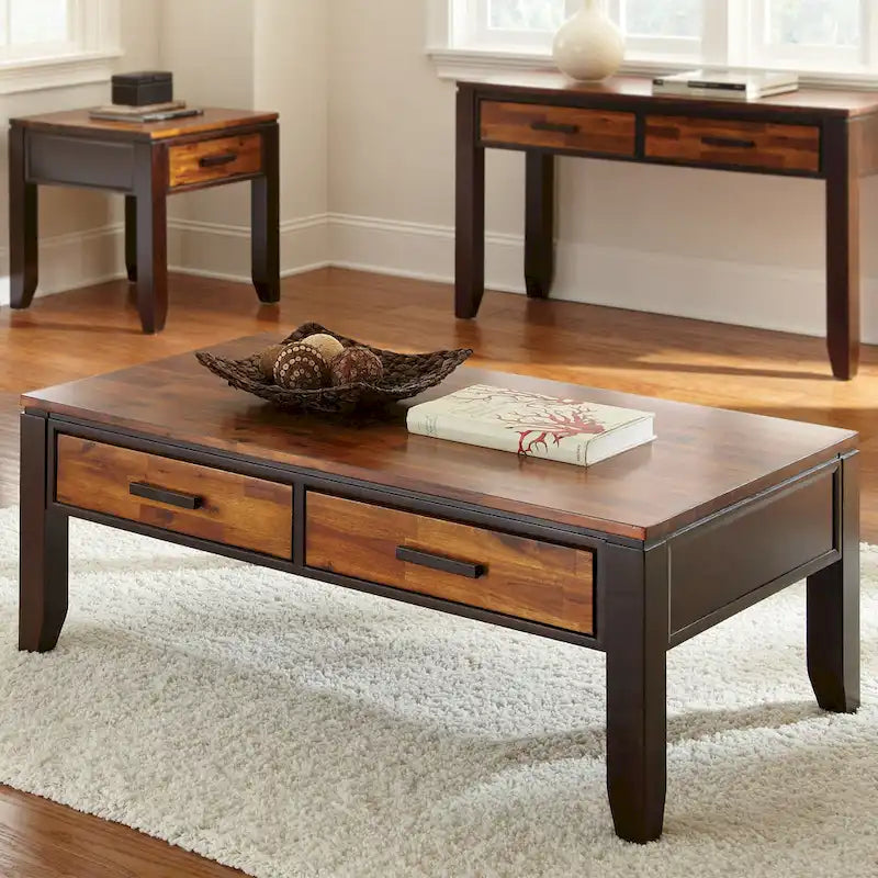 Table basse en bois d'acacia bicolore avec tiroirs Brun Cerise