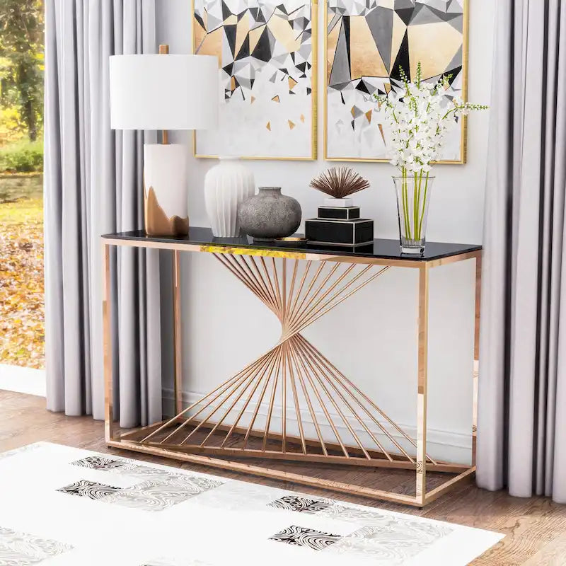Table basse contemporaine avec plateau en verre et piètement torsadé en spirale