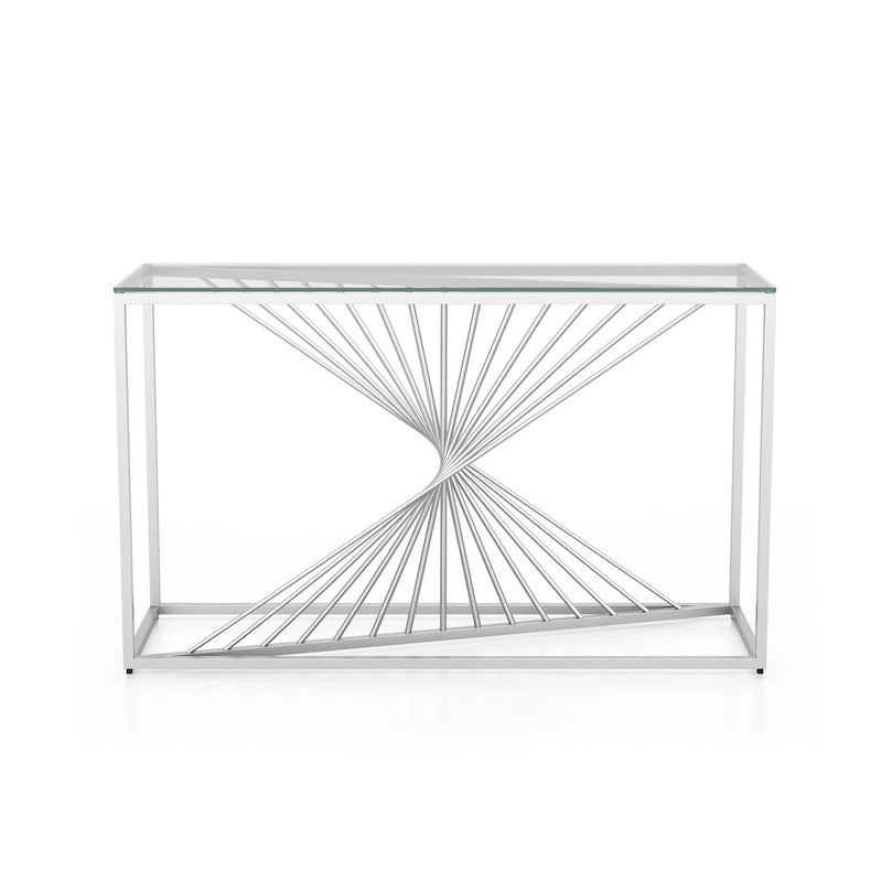 Table basse contemporaine avec plateau en verre et piètement torsadé en spirale