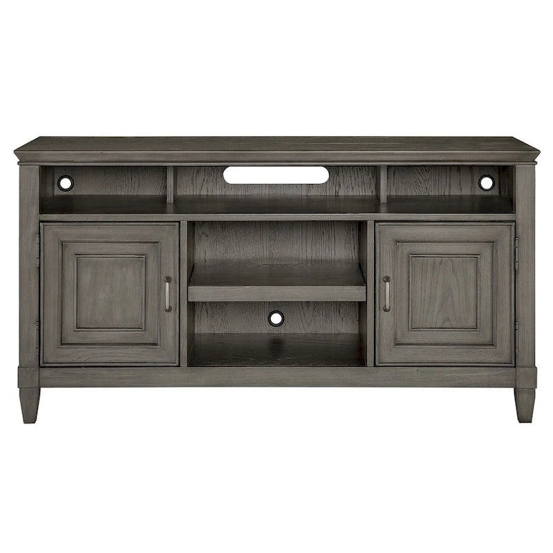 Meuble TV en bois massif avec finition aspect pierre, tiroirs et placards