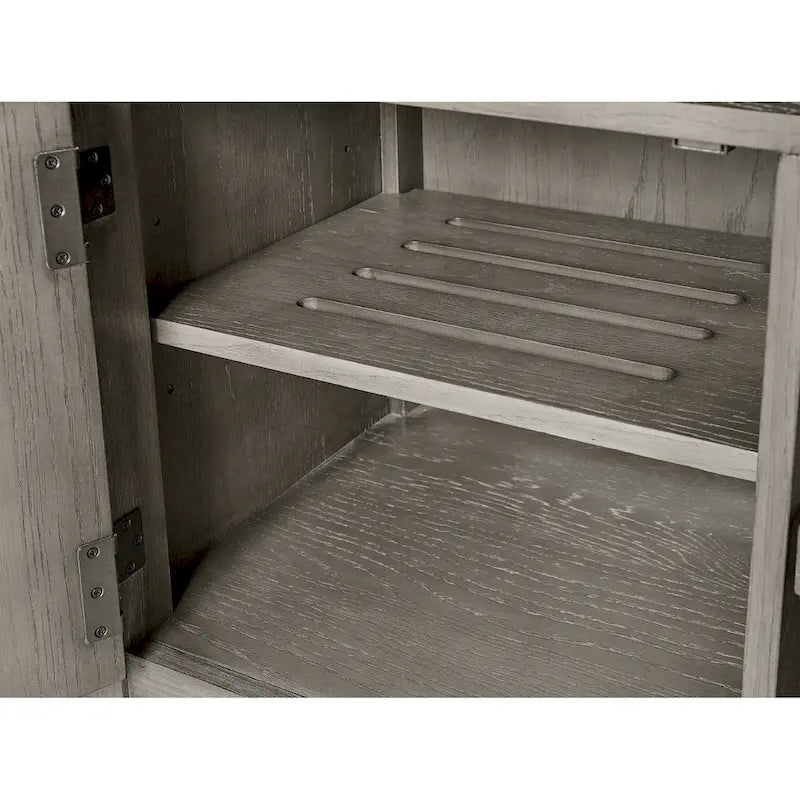 Meuble TV en bois massif avec finition aspect pierre, tiroirs et placards