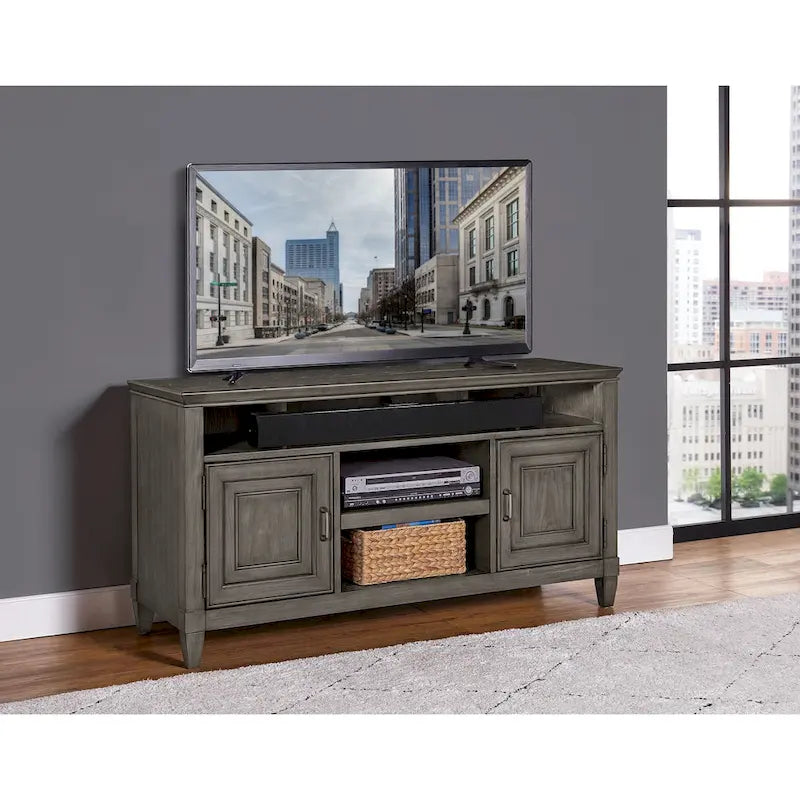 Meuble TV en bois massif avec finition aspect pierre, tiroirs et placards