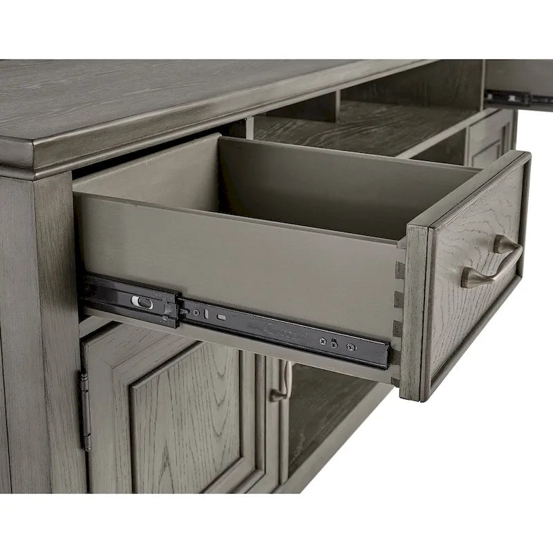 Meuble TV en bois massif avec finition aspect pierre, tiroirs et placards
