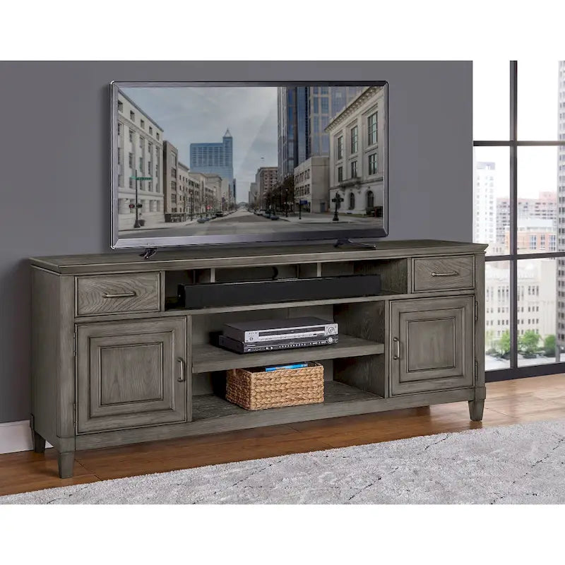 Meuble TV en bois massif avec finition aspect pierre, tiroirs et placards