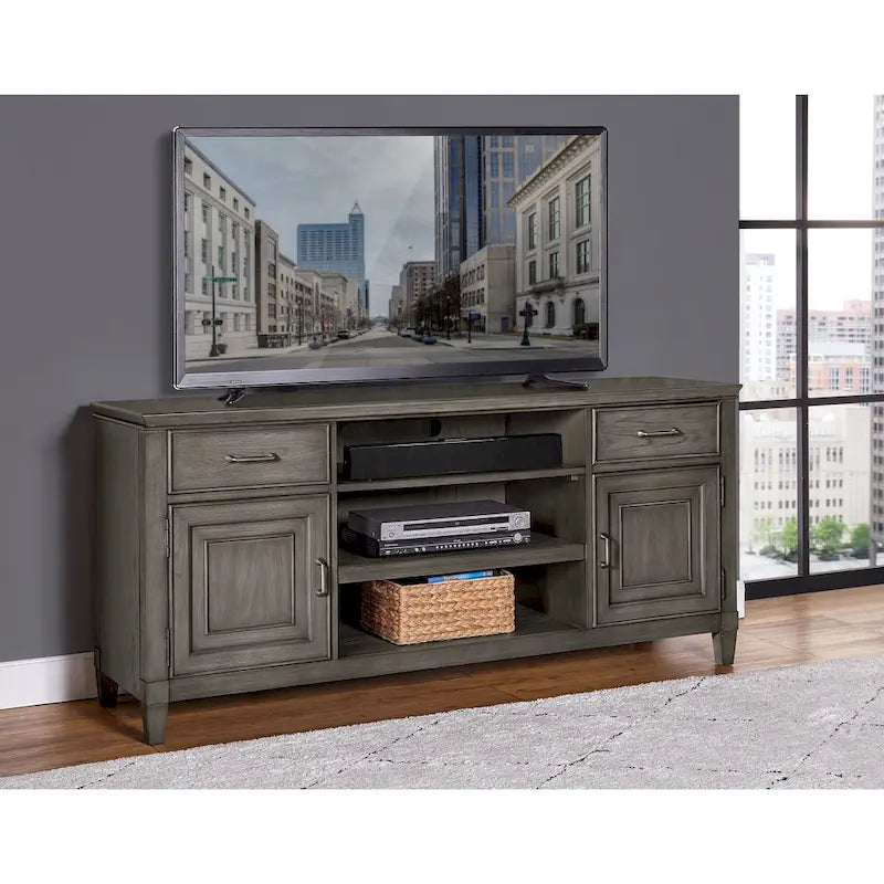 Meuble TV en bois massif avec finition aspect pierre, tiroirs et placards