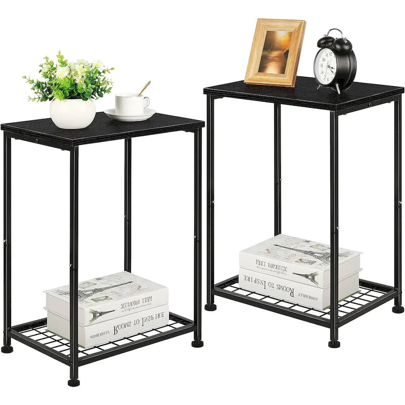 Table d'appoint à 2 niveaux avec étagère grillagée ouverte et cadre en métal noir