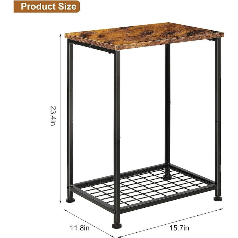 Table d'appoint à 2 niveaux avec étagère grillagée ouverte et cadre en métal noir
