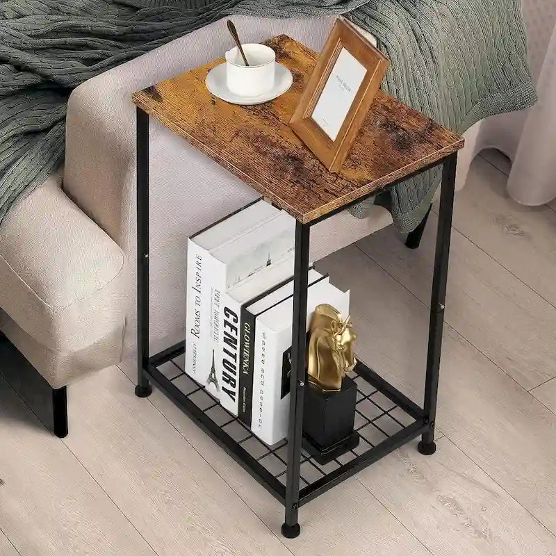 Table d'appoint à 2 niveaux avec étagère grillagée ouverte et cadre en métal noir