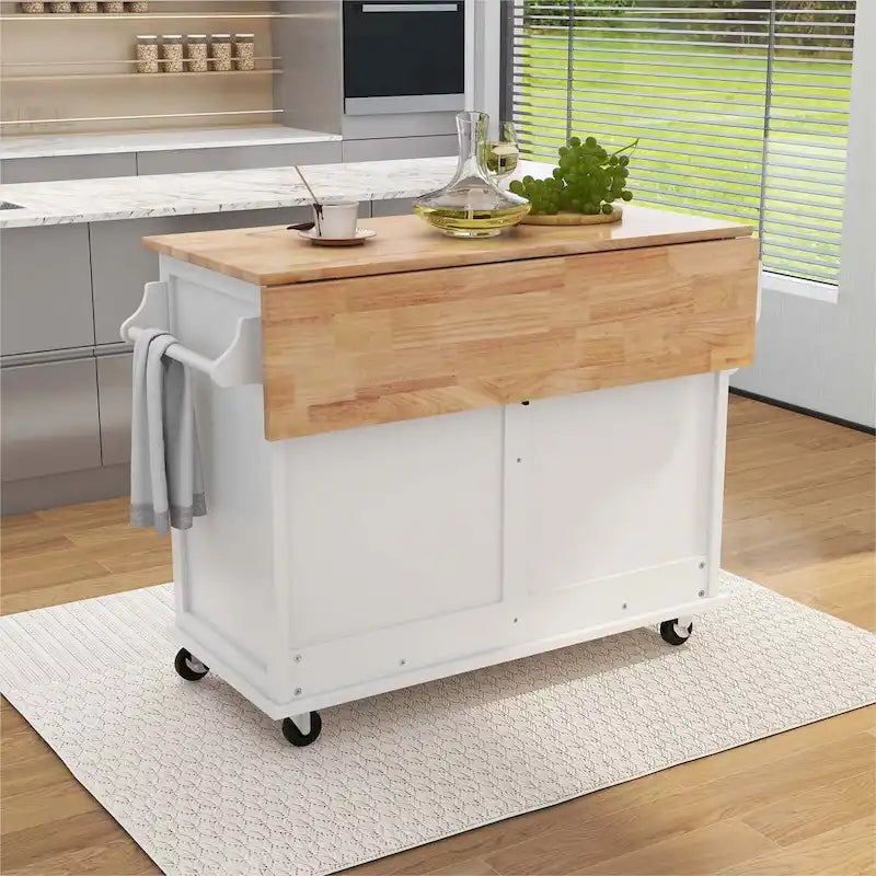 Desserte de cuisine roulante avec plan de travail en bois d'hévéa à abattant et rangement coulissant à porte de grange