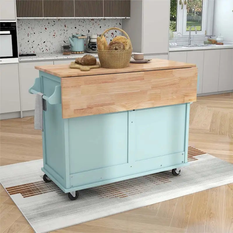 Desserte de cuisine roulante avec plan de travail en bois d'hévéa à abattant et rangement coulissant à porte de grange