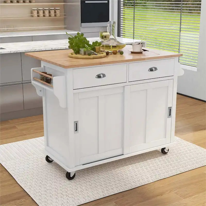 Desserte de cuisine roulante avec plan de travail en bois d'hévéa à abattant et rangement coulissant à porte de grange