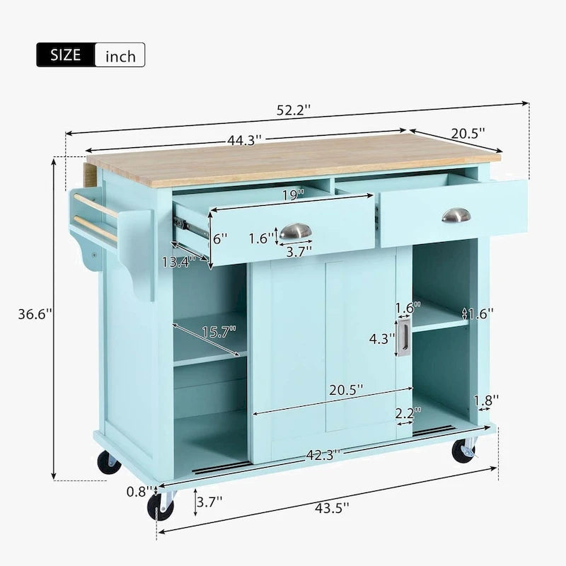 Desserte de cuisine roulante avec plan de travail en bois d'hévéa à abattant et rangement coulissant à porte de grange