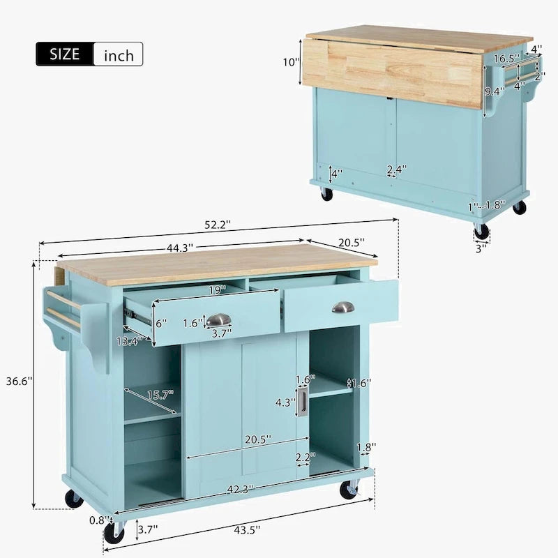 Desserte de cuisine roulante avec plan de travail en bois d'hévéa à abattant et rangement coulissant à porte de grange