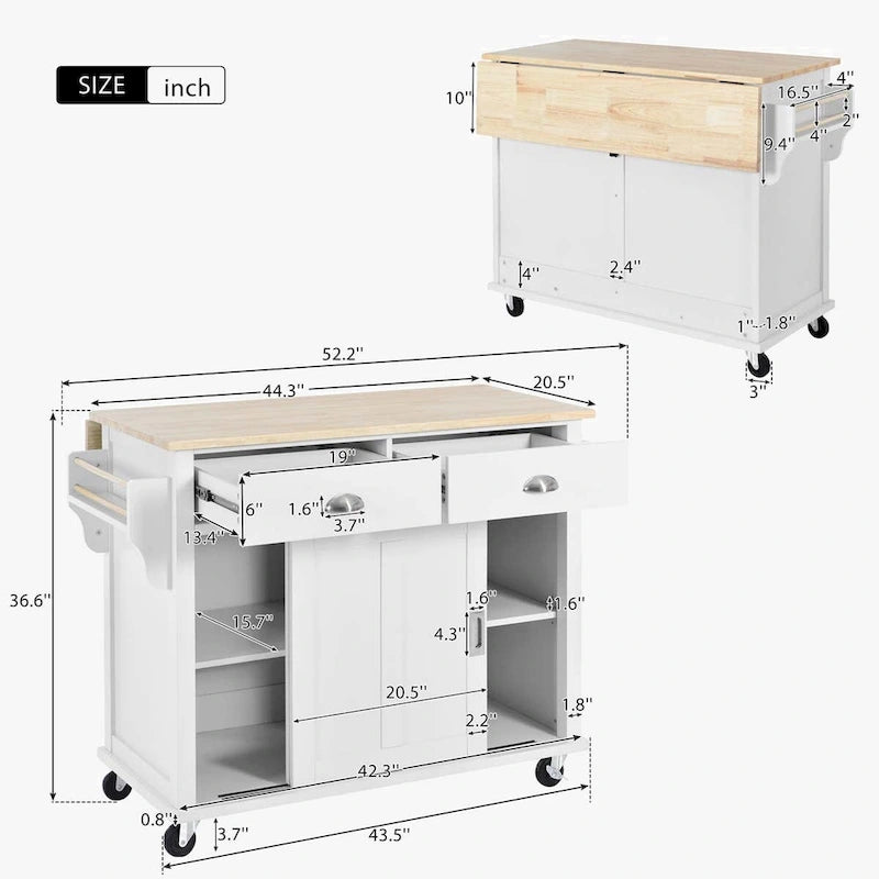 Desserte de cuisine roulante avec plan de travail en bois d'hévéa à abattant et rangement coulissant à porte de grange