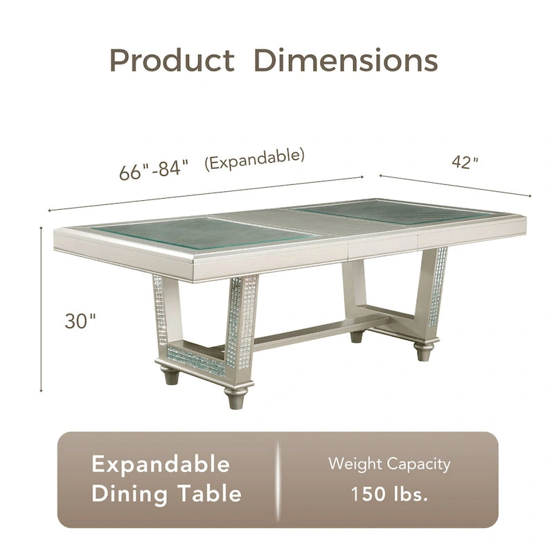 Table de salle à manger rectangulaire extensible Glam Champagne avec base à carreaux de miroir