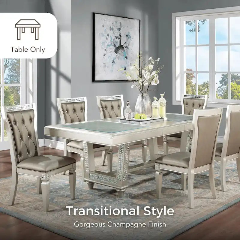 Table de salle à manger rectangulaire extensible Glam Champagne avec base à carreaux de miroir