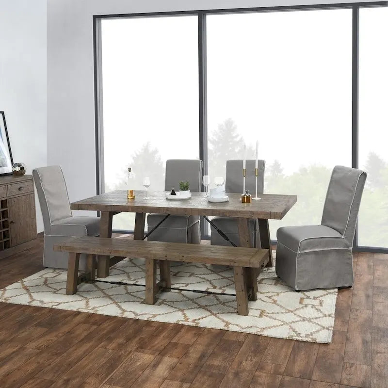 Banc de salle à manger en bois massif de pin recyclé brun vieilli avec accents métalliques