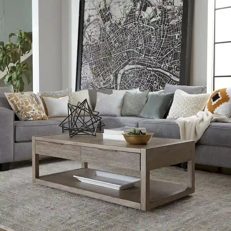 Table basse taupe poussiéreuse avec tiroirs et étagère inférieure