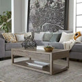 Table basse taupe poussiéreuse avec tiroirs et étagère inférieure