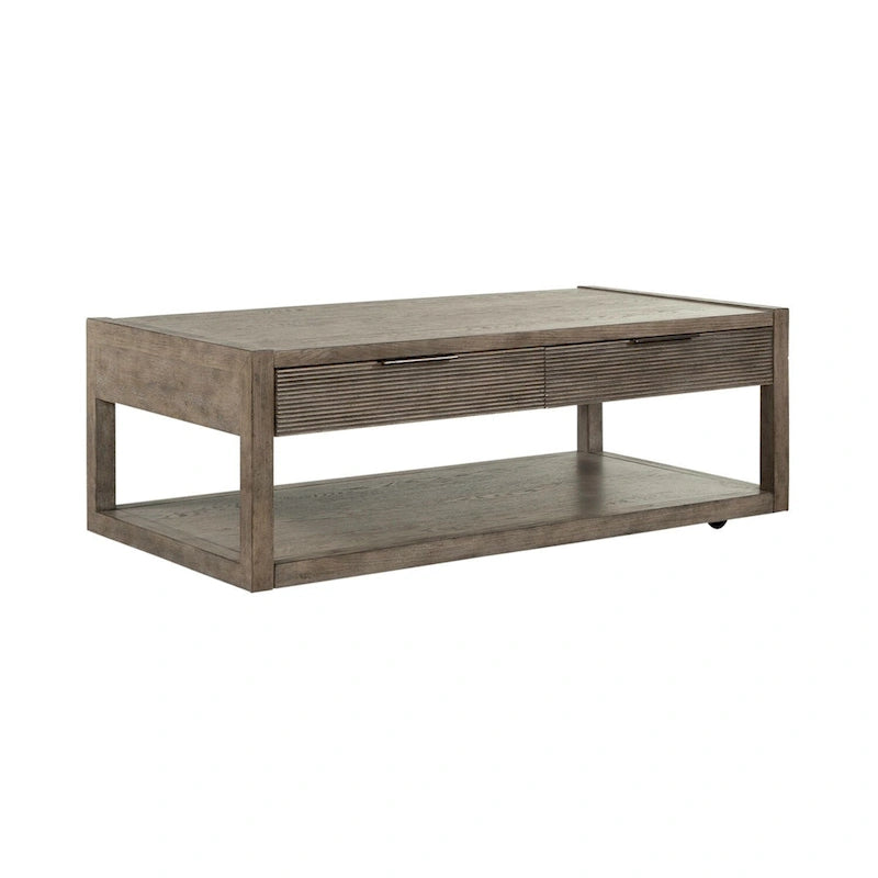 Table basse taupe poussiéreuse avec tiroirs et étagère inférieure