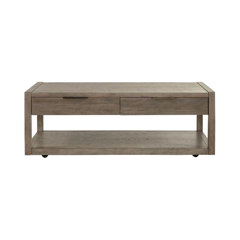 Table basse taupe poussiéreuse avec tiroirs et étagère inférieure
