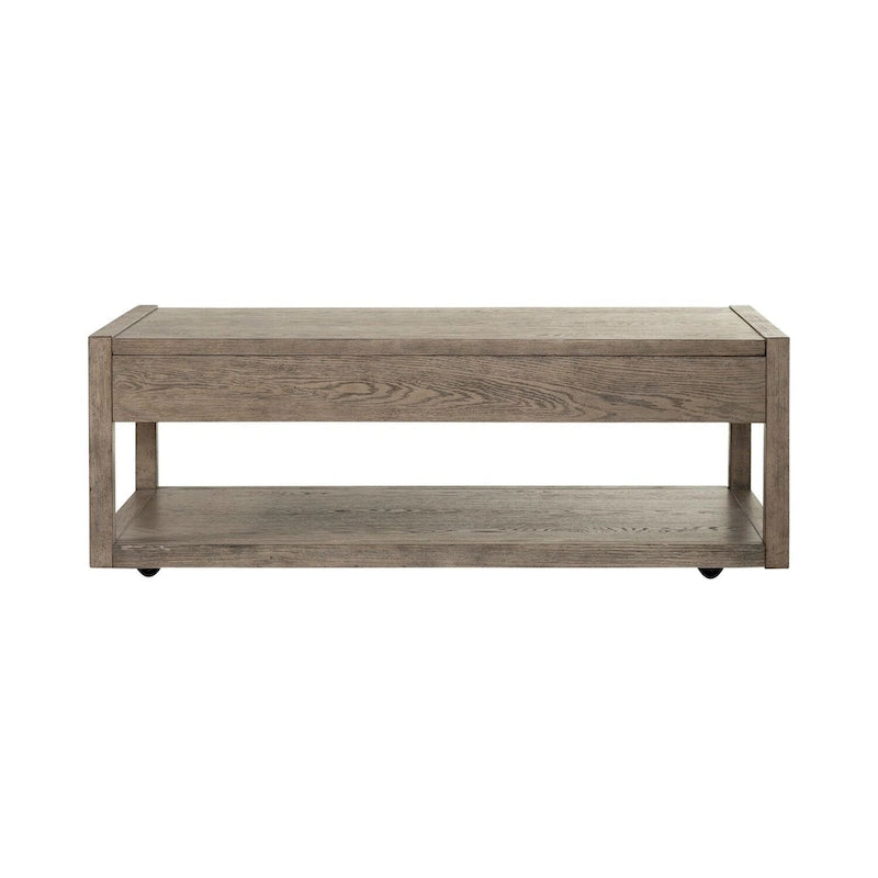 Table basse taupe poussiéreuse avec tiroirs et étagère inférieure